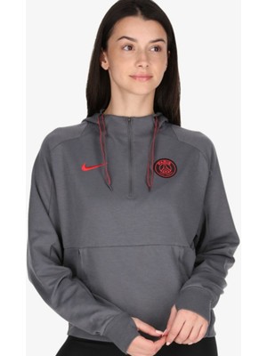 Nike Paris Saint-Germain 1/4-Zip Fleece Soccer Gray Hoodie Kadın Gri Kapüşonlu Yaka Yarım Fermuarlı Sweatshirt Gri