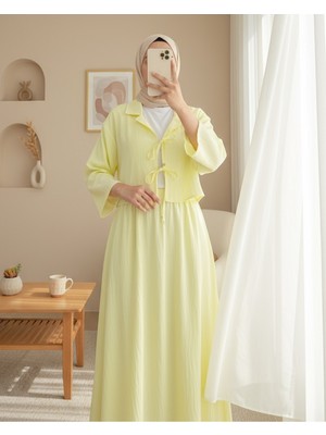 Modamorfo Kruvaze Yaka Çift Bağcıklı Etekli Takım -Açık Sarı