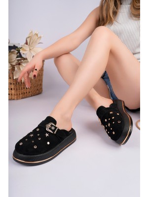 Sy Leather Aura Model Hakiki Deri Çakma Trop Detaylı Tokalı Kalın Taban Kadın Terlik