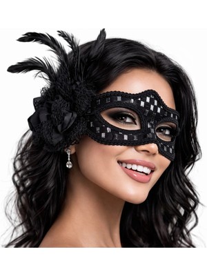 TE Dükkan Buğz Siyah Tüylü Balo Maskesi