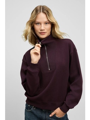 Grimelange ENDORA Kadın Yumuşak Polarlı Kumaşlı Yakası Fermuarlı Regular Bordo Sweatshirt