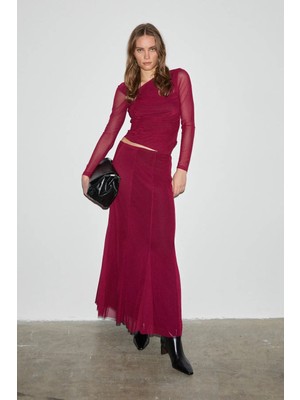 Grimelange BEEJIN Kadın Esnek Ve Yumuşak Kumaşlı Baskılı Astarlı Bordo Etek