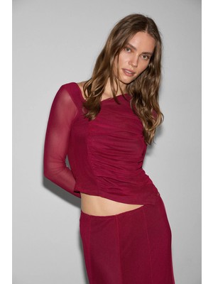 Grimelange URYEY Kadın Asimetrik Yakalı Büzgü Detaylı Esnek Kumaşlı Tül Bordo Bluz