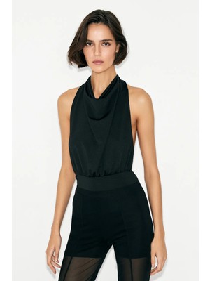 Grimelange Opal Kadın Degaje Yaka Boyundan Bağlamalı Sırtı Açık Alttan Çıtçıtlı Esnek Siyah Body