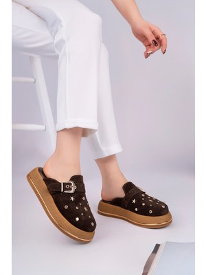 Sy Leather Aura Model Hakiki Deri Çakma Trop Detaylı Tokalı Kalın Taban Kadın Terlik