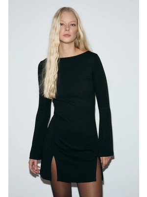 Grimelange MONSERA Kadın Yumuşak Ve Esnek Kumaşlı Bele Oturan Yırtmaçlı Mini Siyah Elbise