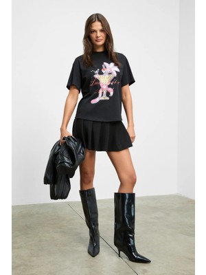 Grimelange AVANTI Kadın Yumuşak Ve Esnek Kumaşlı Yuvarlak Yakalı Baskı Ve Taş Detaylı Siyah T-Shirt