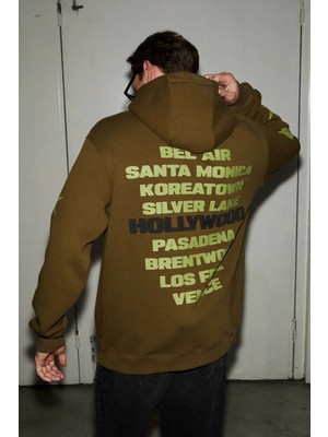 Grimelange TUXON Erkek Yumuşacık İçi Polarlı Baskı Detaylı Kangru Cepli Regular Haki Sweatshirt