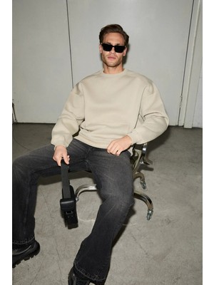 Grimelange Coyotes Erkek Bisiklet Yaka Kangru Cepli Organik Pamuk Regular Fit Açık Haki Sweatshirt