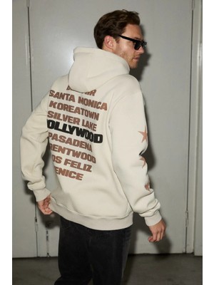 Grimelange TUXON Erkek Yumuşacık İçi Polarlı Baskı Detaylı Kangru Cepli Regular Taş Rengi Sweatshirt