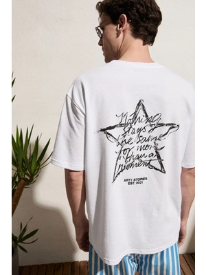 Grimelange CALIDO Erkek Organik Pamuklu Baskı Ve Nakışlı Bisiklet Yaka Strüktürlü Oversıze Beyaz T-Shirt