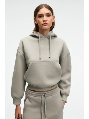 Grimelange SELENE Kadın Kapüşonlu Kangru Cepli Regular Fit Açık Gri Sweatshirt