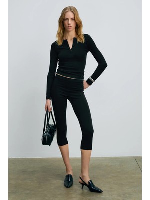 Grimelange CIELO Kadın Yuvarlak Yaka Önü Yarım Pat Fonksiyonel Düğmeli Uzun Kollu Siyah Bluz