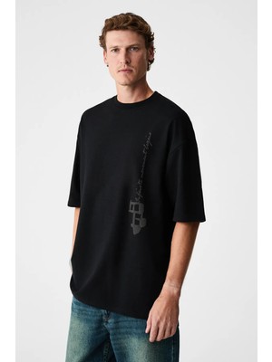 Grimelange INFINITI Erkek Göğsü Ve Sırtı Baskılı Organik Pamuklu Bisiklet Yaka Ekstra Oversize Siyah T-Shirt