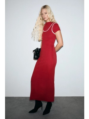 Grimelange DEPORTS Kadın Yumuşak Esnek Kumaşlı Kontrast Biyeli Çift Yakalı Kırmızı Elbise