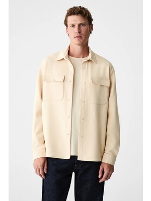 Grimelange MAZE Erkek Özel Dokulu Kalın Kumaşlı Cepli Çıtçıtlı Vanilya Ceket