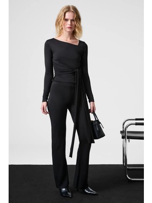 Grimelange LORELIS Kadın Esnek Kumaşlı Geniş Paçalı Dikiş Detaylı Siyah Pantolon