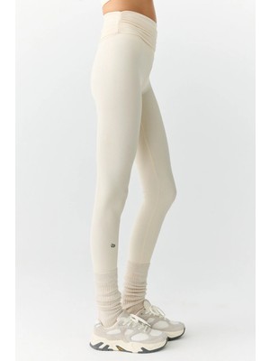 HELIA Kadın Beli Büzgülü Baskılı Ekru Tayt