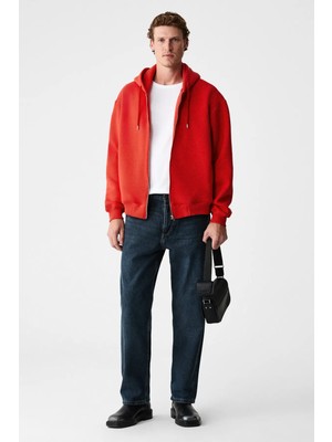 Grimelange ASHBY Erkek Kapüşonlu Fermuarlı Cepli Kordonlu Boxy Kalıp Kırmızı Sweatshirt