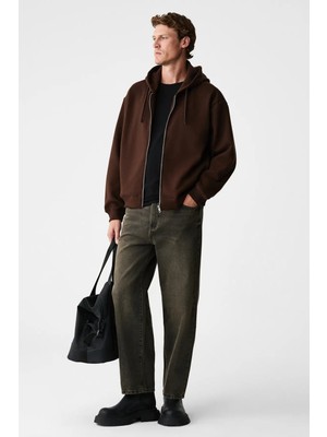 Grimelange ASHBY Erkek Kapüşonlu Fermuarlı Cepli Kordonlu Boxy Kalıp Acı Kahve Sweatshirt