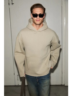 Grimelange COLEGA Erkek Yumuşak İçi Polarlı Organik Pamuklu Kanguru Cepli Taş Rengi Sweatshirt
