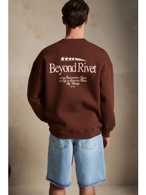 Grimelange RIVET Erkek Organik Pamuklu İçi Polarlı Baskılı Bisiklet Yaka Regular Kahverengi Sweatshirt