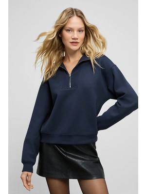 Grimelange ENDORA Kadın Yumuşak Polarlı Kumaşlı Yakası Fermuarlı Regular Lacivert Sweatshirt