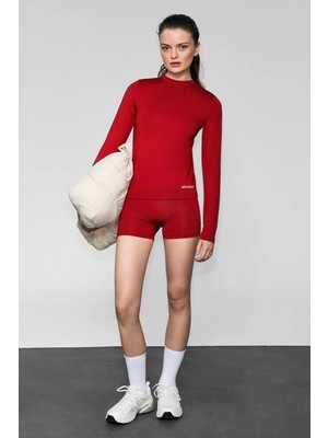 Urban Beat COREX Kadın Yuvarlak Yakalı Baskı Detaylı Slim Fit Uzun Kollu Spor Kırmızı T-Shirt