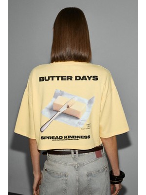 Grimelange JUNARIVE Kadın Organik Pamuklu Bisiklet Yaka Baskılı Kısa Kollu Sarı T-Shirt