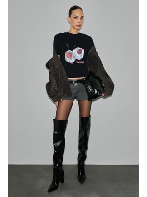 Grimelange MELUNAE Kadın Organik Pamuklu Bisiklet Yaka Kısa Kollu Baskı Detaylı Siyah T-Shirt