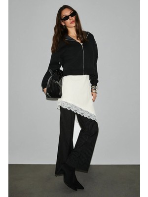 Grimelange Vyselle Kadın Önü Kesikli Metal Fermuarlı Kapüşonlu Etiket Detaylı Oversize Siyah Sweatshirt