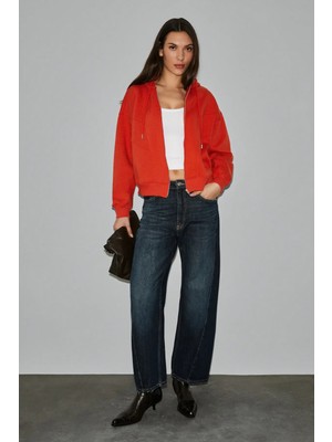 Grimelange VYSELLE Kadın Önü Kesikli Metal Fermuarlı Kapüşonlu Etiket Detaylı Oversize Kırmızı Sweatshirt