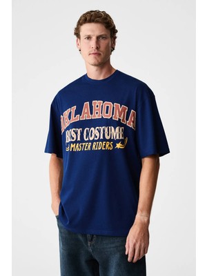 Grimelange RUDDY Erkek Göğüs Baskılı %100 Organik Pamuklu Bisiklet Yakalı Regular Lacivert T-Shirt