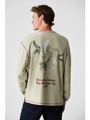 Grimelange PATO Erkek %100 Organik Pamuklu Bisiklet Yaka Oversıze Uzun Kollu Bej T-Shirt