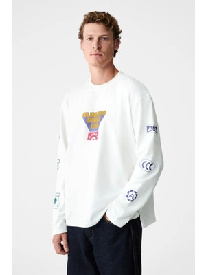 Grimelange KALIMERA Erkek %100 Organik Pamuklu Bisiklet Yakalı Uzun Kollu Beyaz T-Shirt