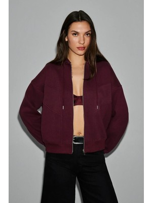 Grimelange VYSELLE Kadın Önü Kesikli Metal Fermuarlı Kapüşonlu Etiket Detaylı Oversize Bordo Sweatshirt