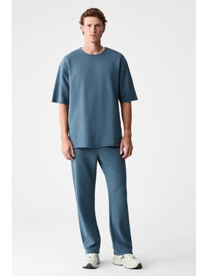 Grimelange EASY Erkek Pamuklu Bisiklet Yaka Beli Lastikli Kordonlu Çift Cepli Regular Petrol Mavisi Alt-Üst Tak