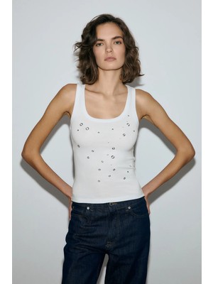 Grimelange MORLISSA Kadın Yumuşak Ve Esnek Kumaşlı Taş Baskılı Slim Fit Beyaz Atlet