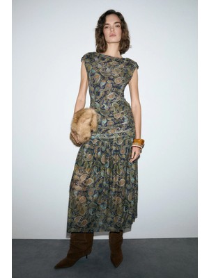 Grimelange RUSSIE Kadın Yumuşak Ve Esnek Kumaşlı Baskı Detaylı Mesh Kumaşlı Uzun Çok Renkli Elbise