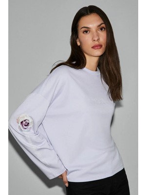 Grimelange CIANELLE Kadın Organik Pamuklu Bisiklet Yakalı Uzun Kollu Oversize Lila T-Shirt