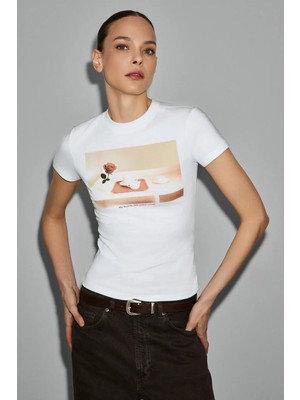 Grimelange ARELUNA Kadın Organik Pamuklu Bisiklet Yaka Kısa Kollu Slim Fit Beyaz T-Shirt