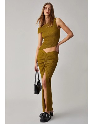 Grimelange BONIA Kadın Slim Fit Örme Yırtmaç Detaylı Yeşil Etek