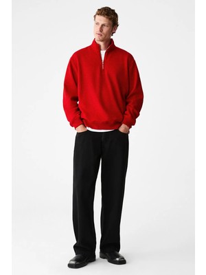 Grimelange VELVETY Erkek Pamuklu İçi Polarlı Dik Yaka Fermuarlı Uzun Kollu Regular Fit Kırmızı Sweatshirt