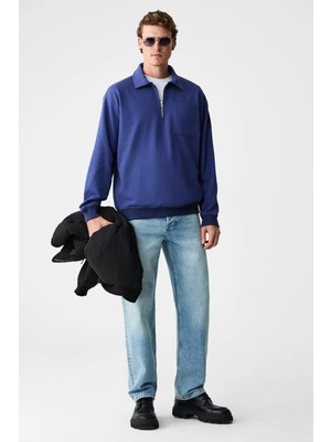 Grimelange SHIFTD Erkek Bisiklet Yaka Uzun Kollu Fermuarlı İndigo Sweatshirt