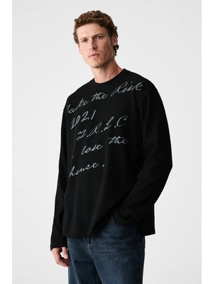 Grimelange SCRIPTLET Erkek %100 Organik Pamuklu Baskılı Bisiklet Yakalı Oversize Siyah T-Shirt