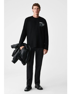 Grimelange Fragment Erkek %100 Organik Pamuklu Baskılı Uzun Kollu Siyah T-Shirt