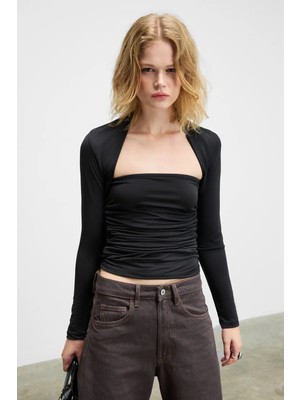 Grimelange WISP Kadın Kare Yaka Bolero Detaylı Yanları Büzgülü Uzun Kollu Esnek Kumaşlı Siyah Bluz