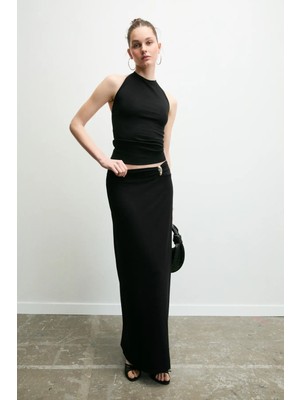 Grimelange BELLISIMA Kadın Yumuşak Ve Esnek Kumaşlı Toka Detaylı Regular Siyah Etek