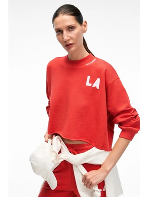 Grimelange DELYRA Kadın Bisiklet Yaka Rahat Kesim Nakış Detaylı Kırmızı Sweatshirt