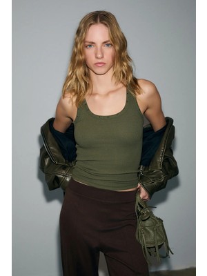 Grimelange Lıllesol Starlıt Kadın Yumuşak ve Esnek Kumaşlı Organik Pamuklu Taşlı Haki Atlet